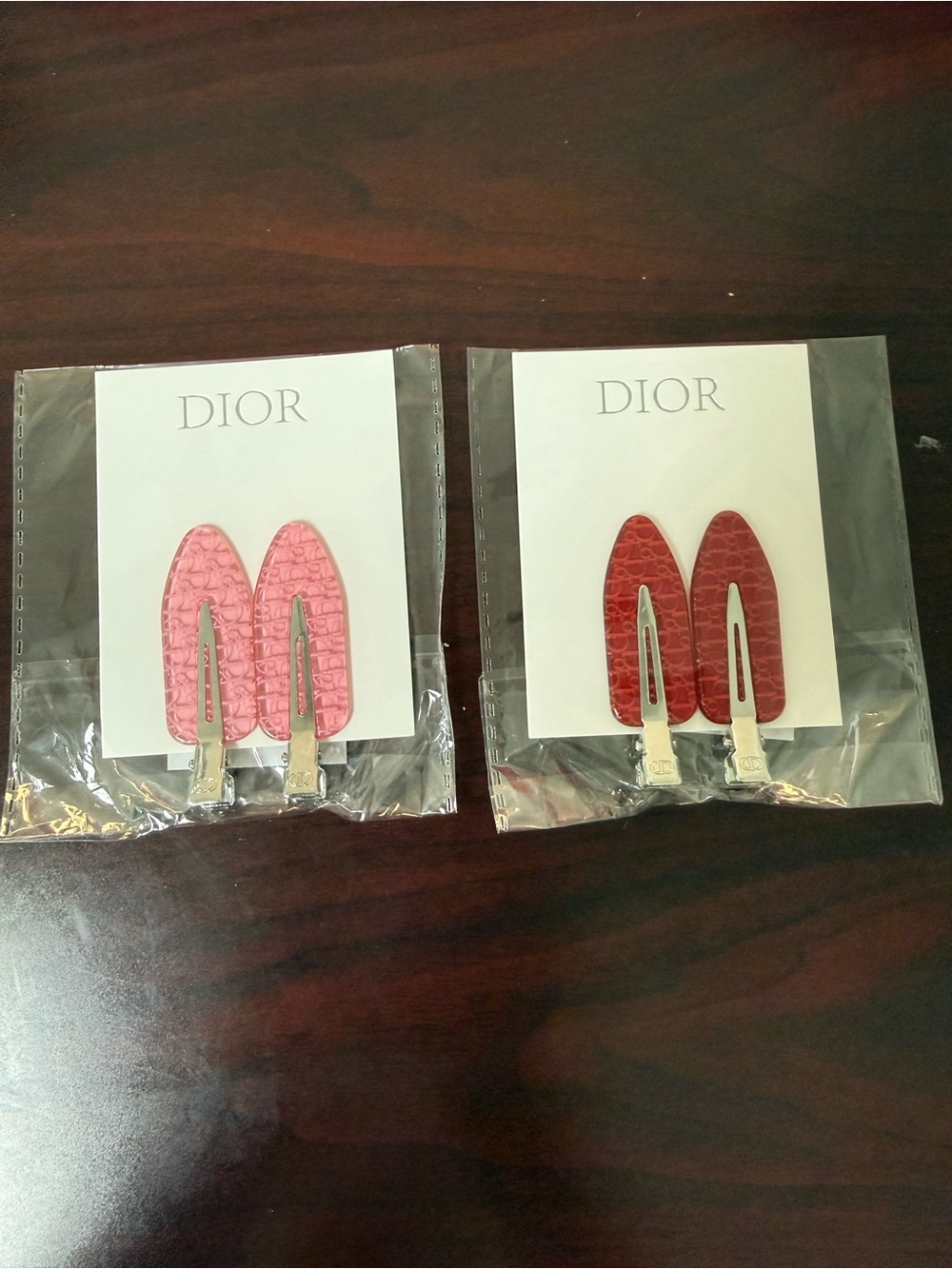 Dior Croc-Embossed Leather Snap Hair Clips in Pink & Red